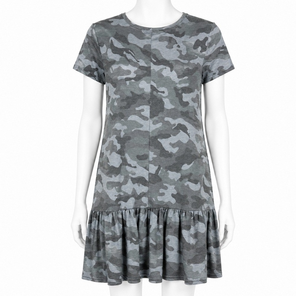 Jane and Delancey Camo Shirt Dress Womens Small Gray Ruffle Hem Short Sleeve NEW